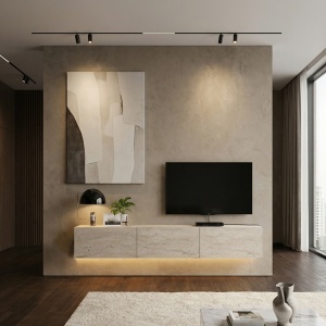 Comodă TV Damla, UNICUTIL, finisaj travertin și iluminare LED, pentru living modern