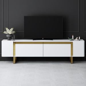 Comoda TV, Yildiz White, UnicUtil, Alb-Auriu, Lățime: 180 cm, Înălțime: 50 cm, Adâncime: 30 cm - Img 2