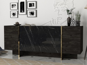 Comoda UnicUtil Luxury Edition, PAL Melaminat, 180 x 47 x 75 cm, Negru-Auriu - Img 6