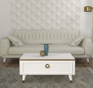 Masa de cafea UnicUtil Luxury Edition cu Sertar Rabatabil, 90 x 60 x 38 cm, Alb-Auriu - Img 2
