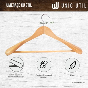 Umeraș din Lemn cu umeri lați și design modern, pentru Costum/Tricouri, Natur, 1 bucata - Img 4