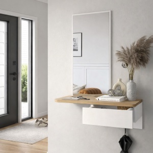 Masă decorativă Grovia din pal melaminat alb cu oglindă – design elegant și funcțional, 60 x 29.6 x 81.8 cm