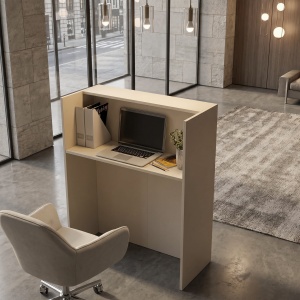 Birou recepție Karibu din pal melaminat, culoare Sandstone - Crem Nisipiu cu iluminare LED – modern și sofisticat, 90 x 40 x 110.3 cm - Img 6