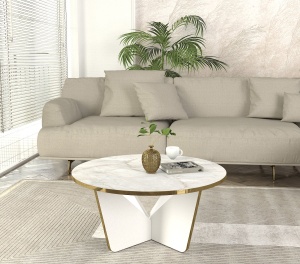 Masă de cafea, Marble Elegance, UnicUtil, 75x75x35 cm, Alb-Auriu