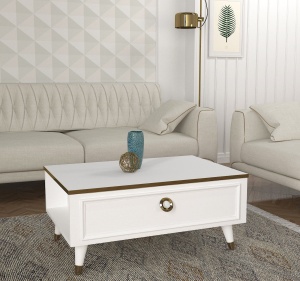 Masa de cafea UnicUtil Luxury Edition cu Sertar Rabatabil, 90 x 60 x 38 cm, Alb-Auriu - Img 1