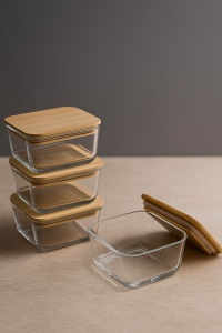 Set recipiente depozitare din sticla cu capac din bambus, 4 x 300 ml