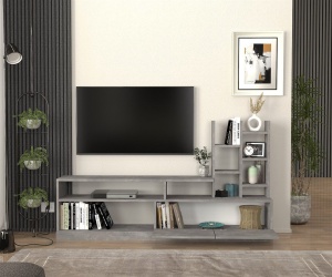 Comoda TV cu Biblioteca UnicUtil, 164 x 25 x 91 cm, Gri Beton, front PAL - Img 4