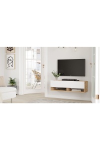 Comodă TV cu uși și raft, 100x31.6x29.6 cm, Pin-Alb, PAL melaminat, UnicUtil - Img 3