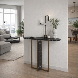 Masă decorativă Boressi din pal melaminat cu finisaj Black Marble, eleganță modernă pentru interior rafinat, 90 x 29.6 x 75 cm - Img 5
