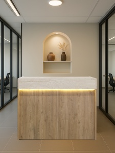Birou recepție Wilko din pal melaminat travertin cu iluminare LED, eleganță și funcționalitate pentru spații business, 113.6 x 42 x 110.3 cm