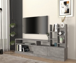 Comoda TV cu Biblioteca UnicUtil, 164 x 25 x 91 cm, Gri Beton, front PAL