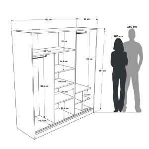 Desen tehnic cu cote: 160 x 55 x 180 cm, rafturi interioare și bara de umerașe la 124 cm înălțime