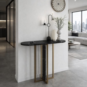 Masă decorativă Boressi din pal melaminat cu finisaj Black Marble, eleganță modernă pentru interior rafinat, 90 x 29.6 x 75 cm