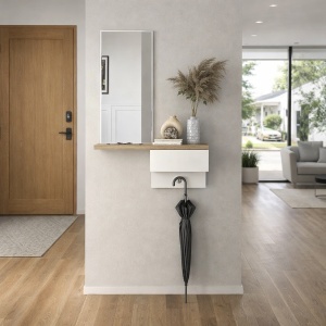 Masă decorativă Grovia din pal melaminat alb cu oglindă – design elegant și funcțional, 60 x 29.6 x 81.8 cm - Img 3
