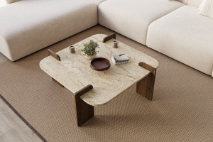 Măsuţă de cafea, Afrolli Travertine, UnicUtil, Travertin-Nuc, Lățime: 90 cm, Înălțime: 35 cm, Adâncime: 90 cm - Img 5