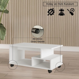 Măsuță de cafea cu roți, Mina 9, UnicUtil, 91 x 51 x 40 cm, Rattan-Alb - Img 6