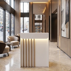 Birou recepție Karibu din pal melaminat, culoare Alb cu iluminare LED, modern și sofisticat, 90 x 40 x 110.3 cm - Img 5