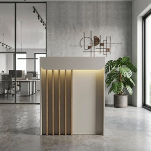 Birou recepție Karibu din pal melaminat, culoare Sandstone - Crem Nisipiu cu iluminare LED – modern și sofisticat, 90 x 40 x 110.3 cm - Img 2