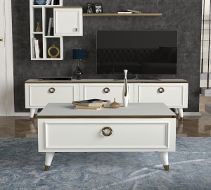 Masa de cafea UnicUtil Luxury Edition cu Sertar Rabatabil, 90 x 60 x 38 cm, Alb-Auriu - Img 5