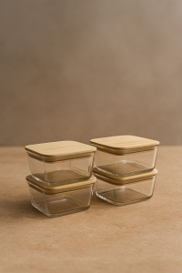Set recipiente depozitare din sticla cu capac din bambus, 4 x 300 ml - Img 2