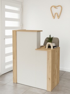 Birou recepție Enter din pal melaminat finisaj Sandstone, design modern pentru primire elegantă, 87 x 40 x 110.3 cm