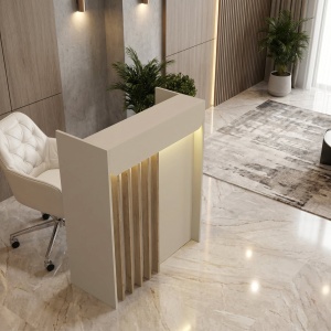 Birou recepție Karibu din pal melaminat, culoare Sandstone - Crem Nisipiu cu iluminare LED – modern și sofisticat, 90 x 40 x 110.3 cm - Img 5