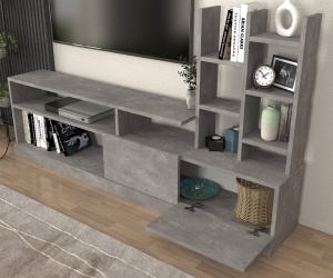 Comoda TV cu Biblioteca UnicUtil, 164 x 25 x 91 cm, Gri Beton, front PAL - Img 5
