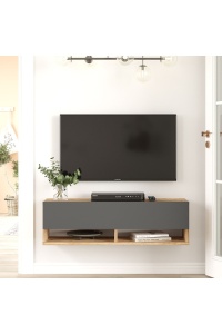 Comodă TV cu uși și raft, 100x31.6x29.6 cm, Pin-Antracit, PAL melaminat, UnicUtil - Img 2