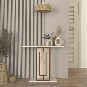 Masă decorativă Alderas din pal melaminat finisaj travertin – design elegant pentru spații moderne, 90 x 29.6 x 76.8 cm - Img 4