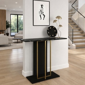 Masă decorativă Brandy din pal melaminat finisaj Black Marble, rafinament pentru decor contemporan, 90 x 29.6 x 76.8 cm