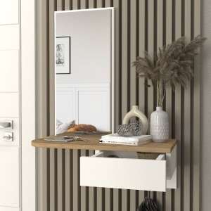 Masă decorativă Grovia din pal melaminat alb cu oglindă, design elegant și funcțional, 60 x 29.6 x 81.8 cm - Img 5