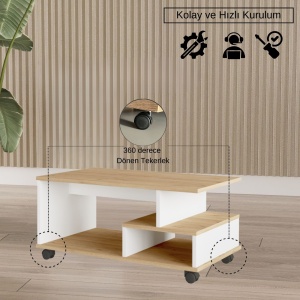 Măsuță de cafea cu roți, compartimente și raft, 91x51x40 cm, Rattan-Alb, UnicUtil - Img 5
