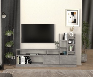 Comoda TV cu Biblioteca UnicUtil, 164 x 25 x 91 cm, Gri Beton, front PAL - Img 2