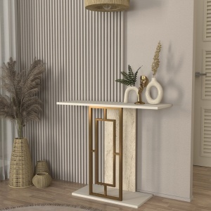 Masă decorativă Alderas din pal melaminat finisaj travertin, design elegant pentru spații moderne, 90 x 29.6 x 76.8 cm