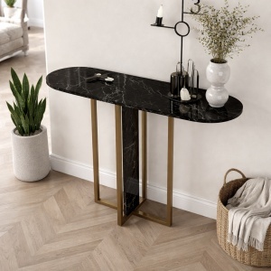 Masă decorativă Boressi din pal melaminat cu finisaj Black Marble, eleganță modernă pentru interior rafinat, 90 x 29.6 x 75 cm - Img 3
