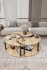 Set de măsuțe de cafea, Yin Yang, UnicUtil, Stejar, Diametru: 70 cm, Înălțime: 38 cm - Img 3