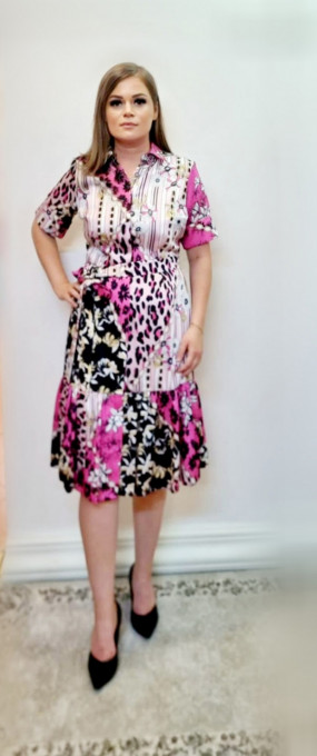 Rochie Andreea fuchsia tip camasa cu imprimeu floral si animal print