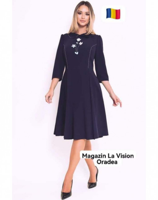 Rochie casual-office cu floare 3D aplicata in bust albastru