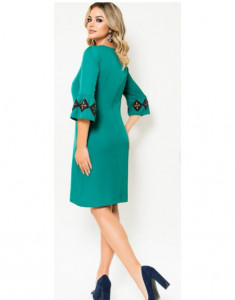 Rochie de zi din tesatura uni verde, cu aplicatii cu motiv traditional - Img 2