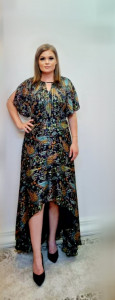 Rochie Oana bleumarin cu imprimeu floral si insertii din lurex lunga - Img 3