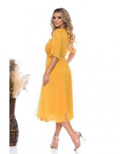 Rochie eleganta galben șofran, midi, evazata cu mânecă fluture și broderie in talie - Img 2