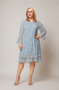 Rochie midi din voal blue cu floricele si maneci trei sferturi marimi mari