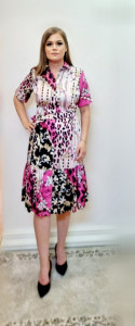Rochie Andreea fuchsia tip camasa cu imprimeu floral si animal print - Img 1