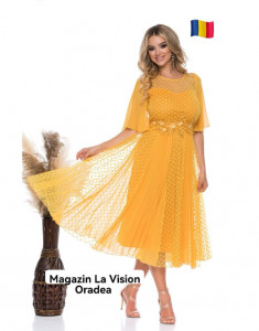 Rochie eleganta galben șofran, midi, evazata cu mânecă fluture și broderie in talie - Img 1