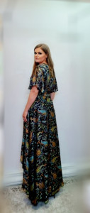 Rochie Oana bleumarin cu imprimeu floral si insertii din lurex lunga - Img 4