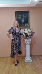 Rochie midi eleganta din voal imprimeu multicolor cu volan pe fusta - Img 1