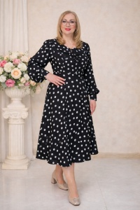Rochie midi negru cu buline albe in clos cu volane la decolteu
