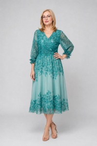 Rochie eleganta din voal floral R 89 turcoaz