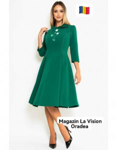 Rochie casual-office cu floare 3D aplicata in bust verde
