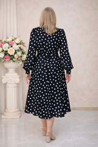 Rochie midi negru cu buline albe in clos cu volane la decolteu - Img 2